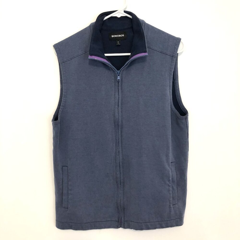 BONOBOS Mens Daily Grind Vest Blue Full Zip Sleeveless Cotton Etc SLIM FIT Small